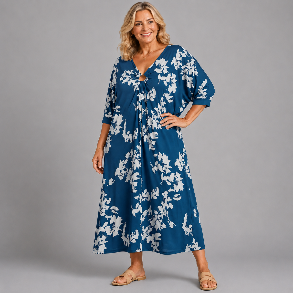 Leaf Print V Neck Batwing Dress