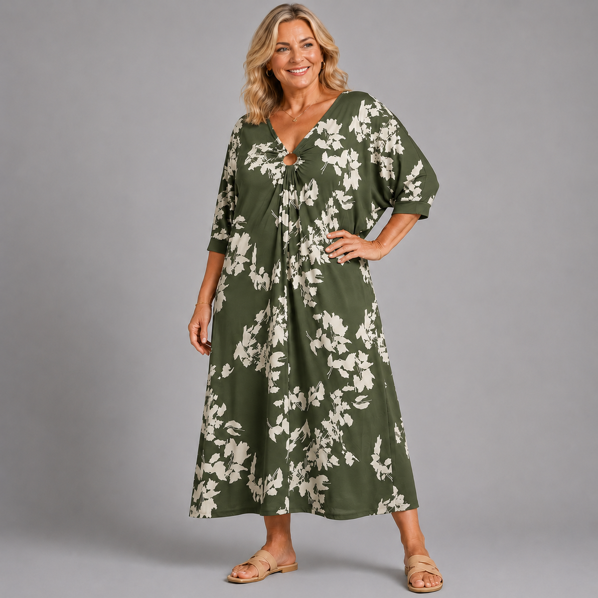 Leaf Print V Neck Batwing Dress