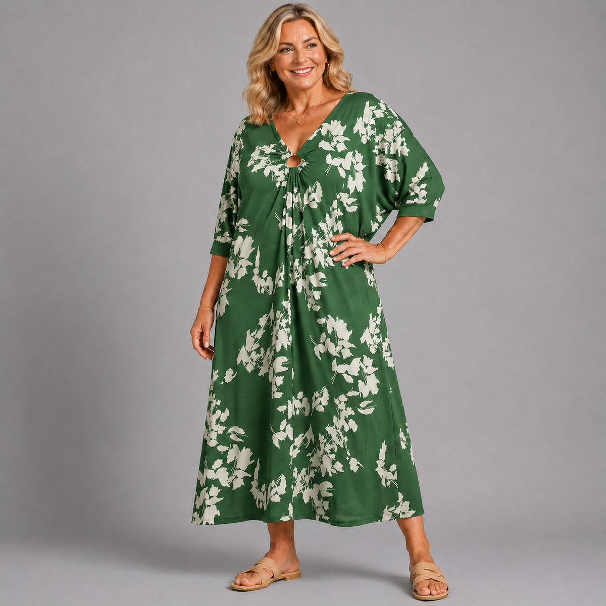 Leaf Print V Neck Batwing Dress