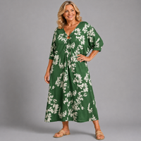 Leaf Print V Neck Batwing Dress