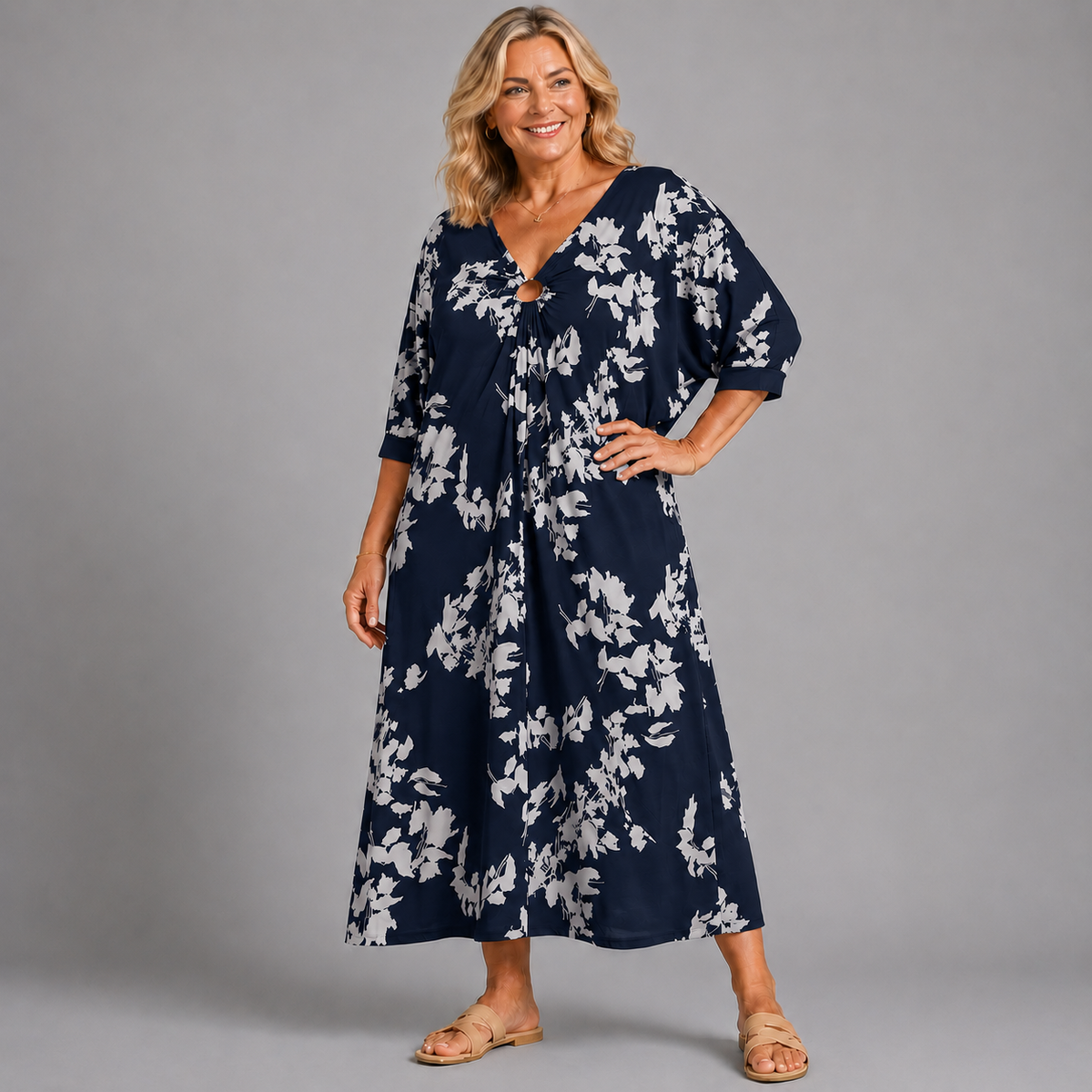 Leaf Print V Neck Batwing Dress