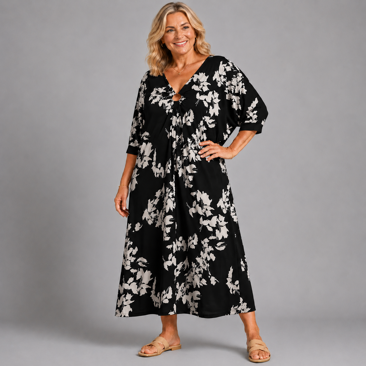 Leaf Print V Neck Batwing Dress