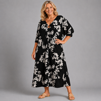 Leaf Print V Neck Batwing Dress