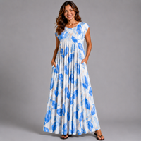 Pleated Leaf Print Print Maxi Dress with Pockets