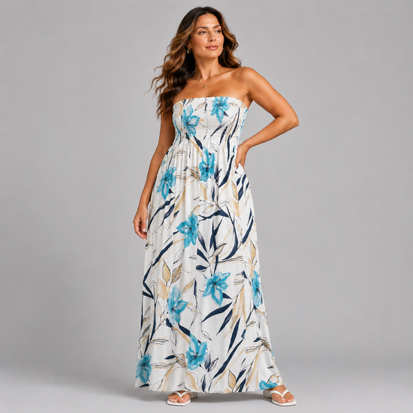 White Floral Leaf Boob Tube Maxi Dress
