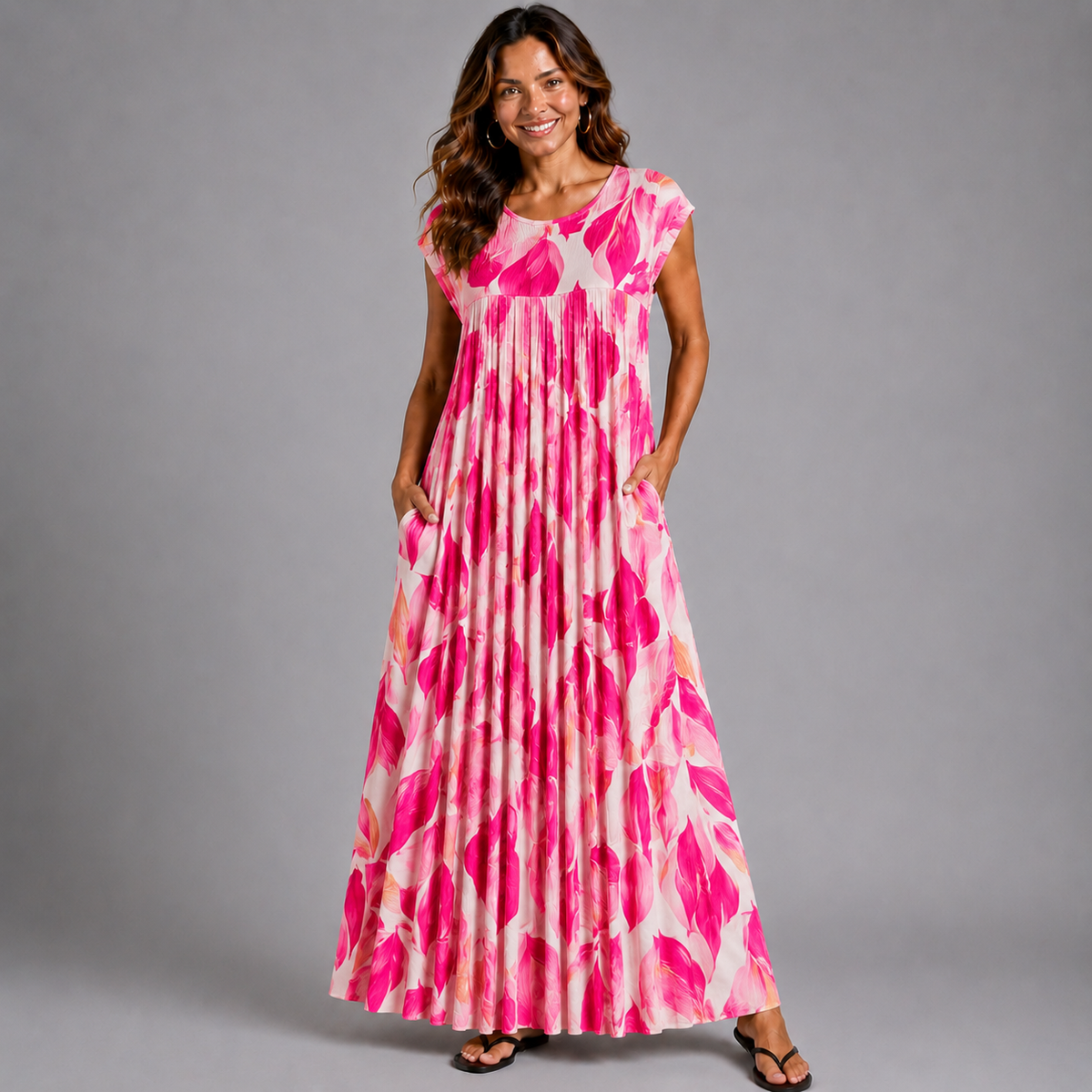 Pleated Leaf Print Print Maxi Dress with Pockets