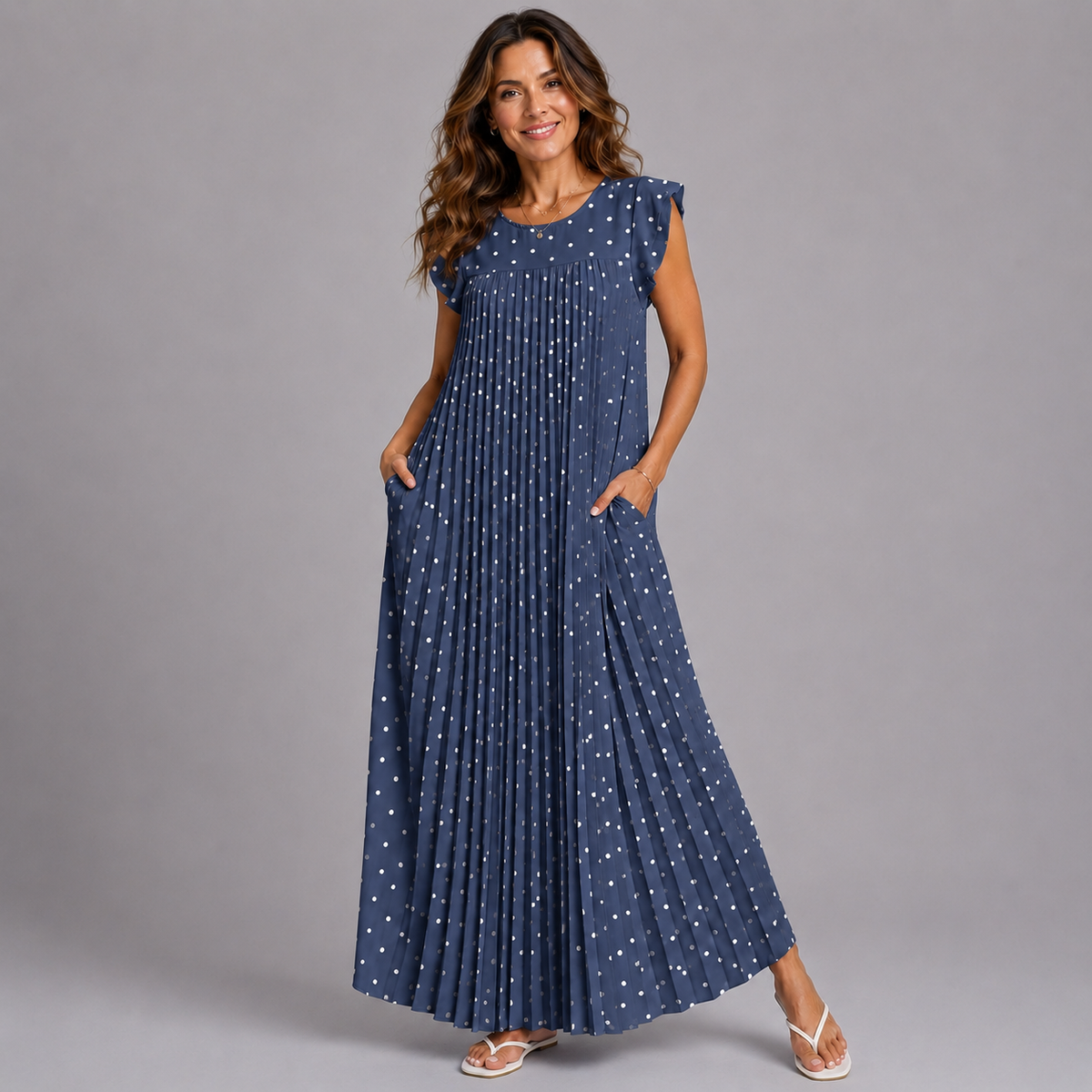 Pleated Polka Dot Print Maxi Dress