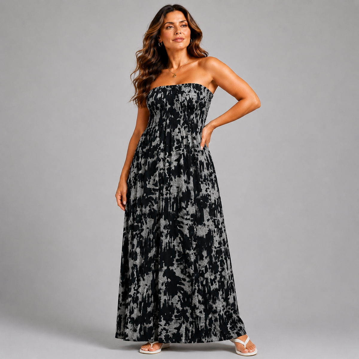 Black Tie Dye Strapless Boob Tube Maxi Dress