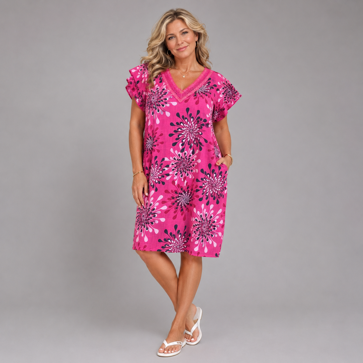 Pure Cotton A-Line Dress with Side Pockets & Crochet V-Neck