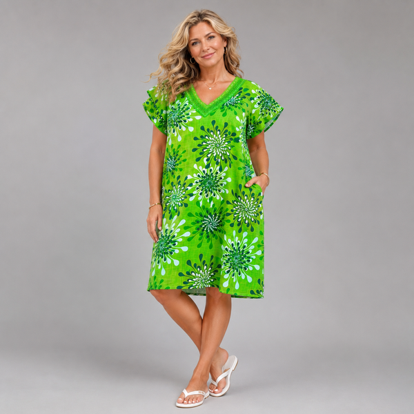 Pure Cotton A-Line Dress with Side Pockets & Crochet V-Neck