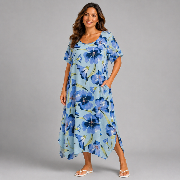 Bright Floral Hanky Hem Short Sleeve Pocket Dress