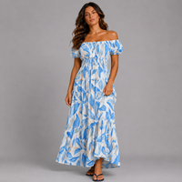Leaf Print Bardot Gypsy Maxi Dress