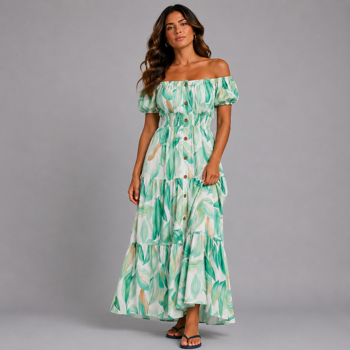 Leaf Print Bardot Gypsy Maxi Dress