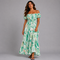 Leaf Print Bardot Gypsy Maxi Dress
