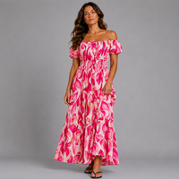 Leaf Print Bardot Gypsy Maxi Dress