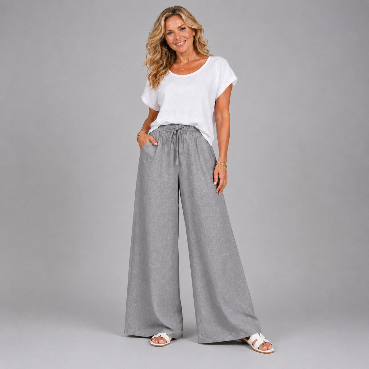 Linen Style Elastic Waist Palazzo Trousers with Pockets