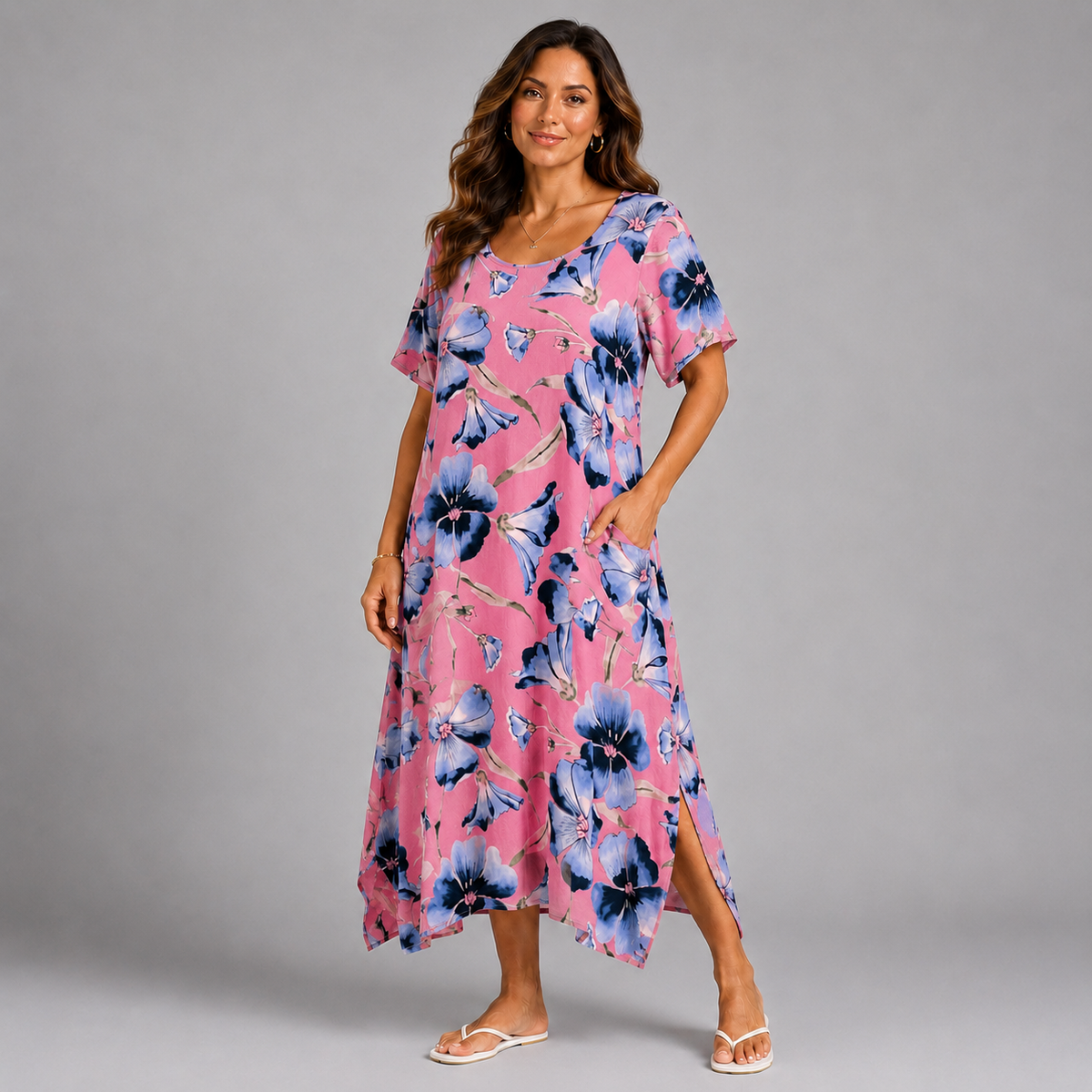 Bright Floral Hanky Hem Short Sleeve Pocket Dress