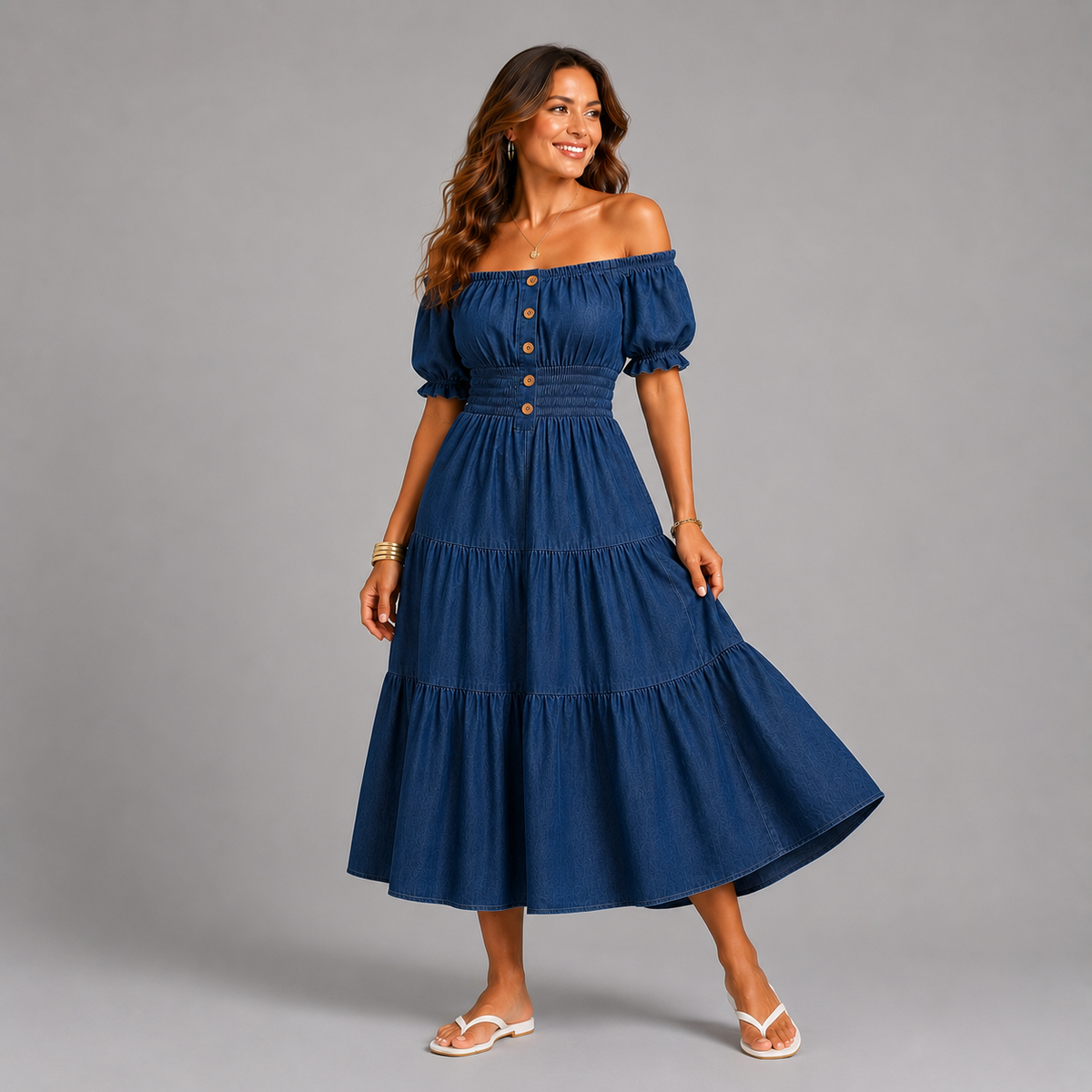 Soft Denim Elastic Waist Gypsy Midi Dress