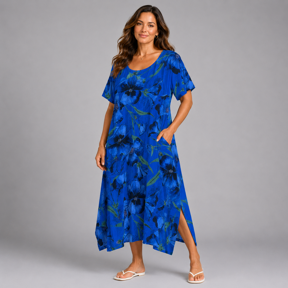 Bright Floral Hanky Hem Short Sleeve Pocket Dress