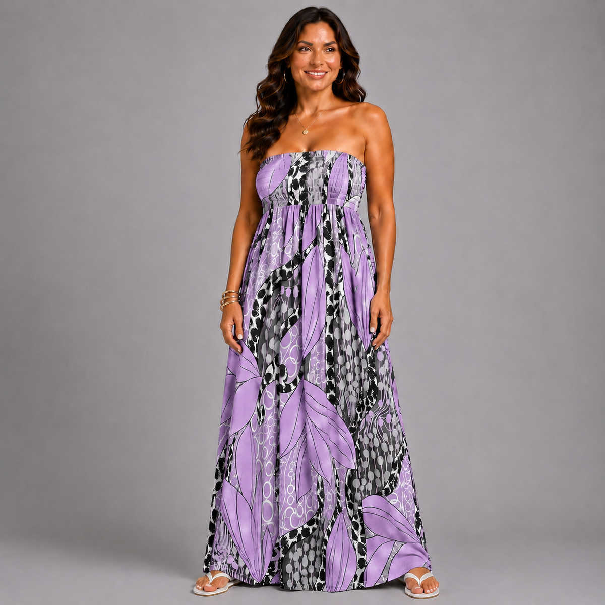 Abstract Print Slinky Strapless Boob Tube Maxi Dress