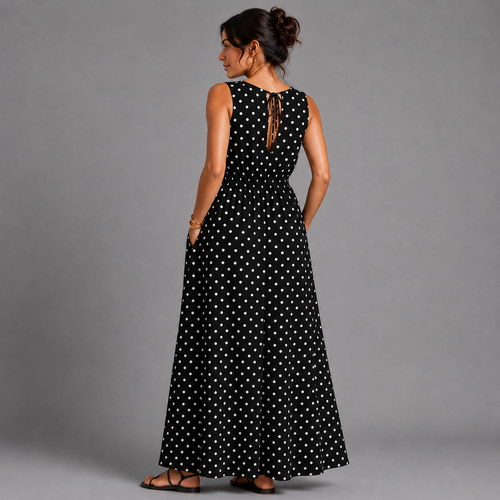 Black White Polka Dot Sleeveless V Neck maxi Dress with side Pockets