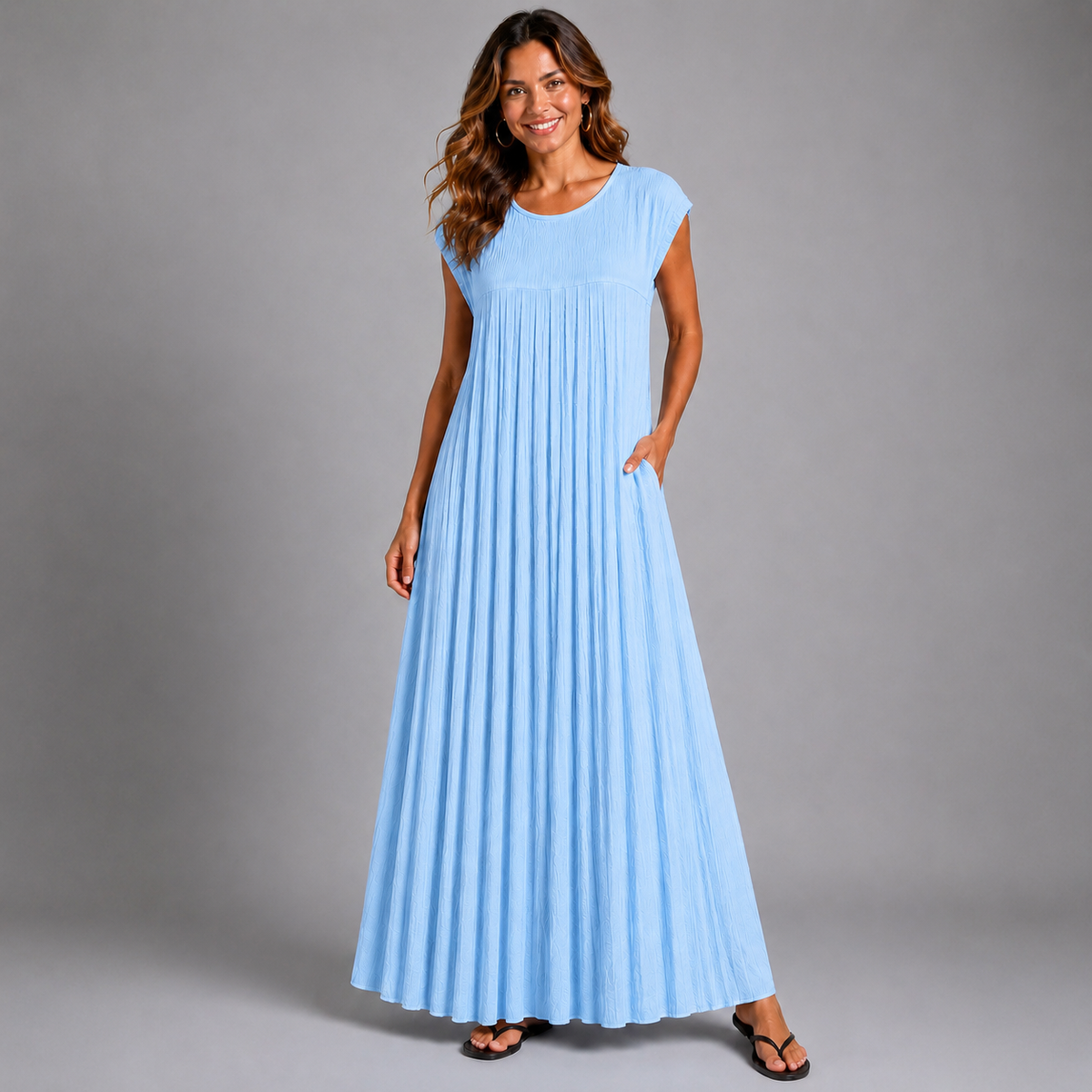 Pleated Cap Sleeve plain Maxi Dress