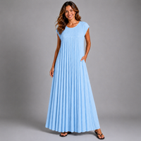 Pleated Cap Sleeve plain Maxi Dress