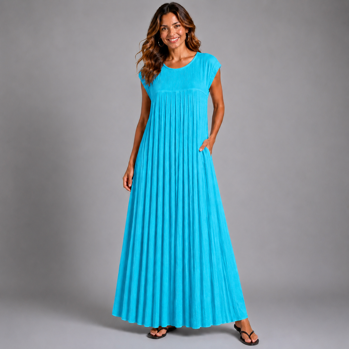 Pleated Cap Sleeve plain Maxi Dress