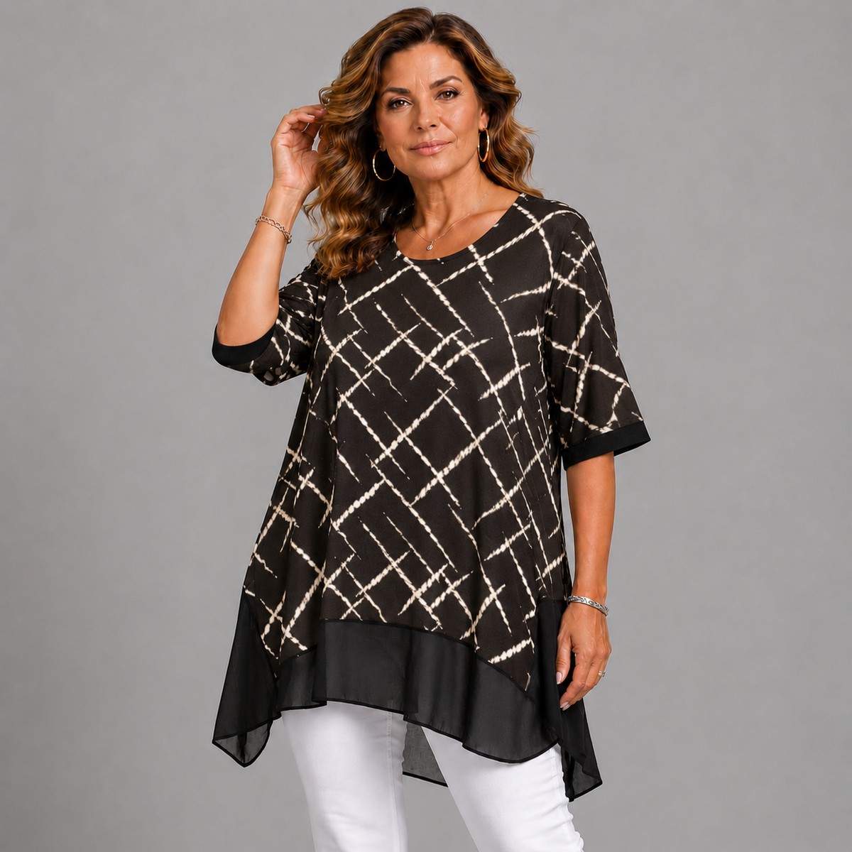 Black White Lines 3/4 Sleeve Top with Chiffon Hanky Hem