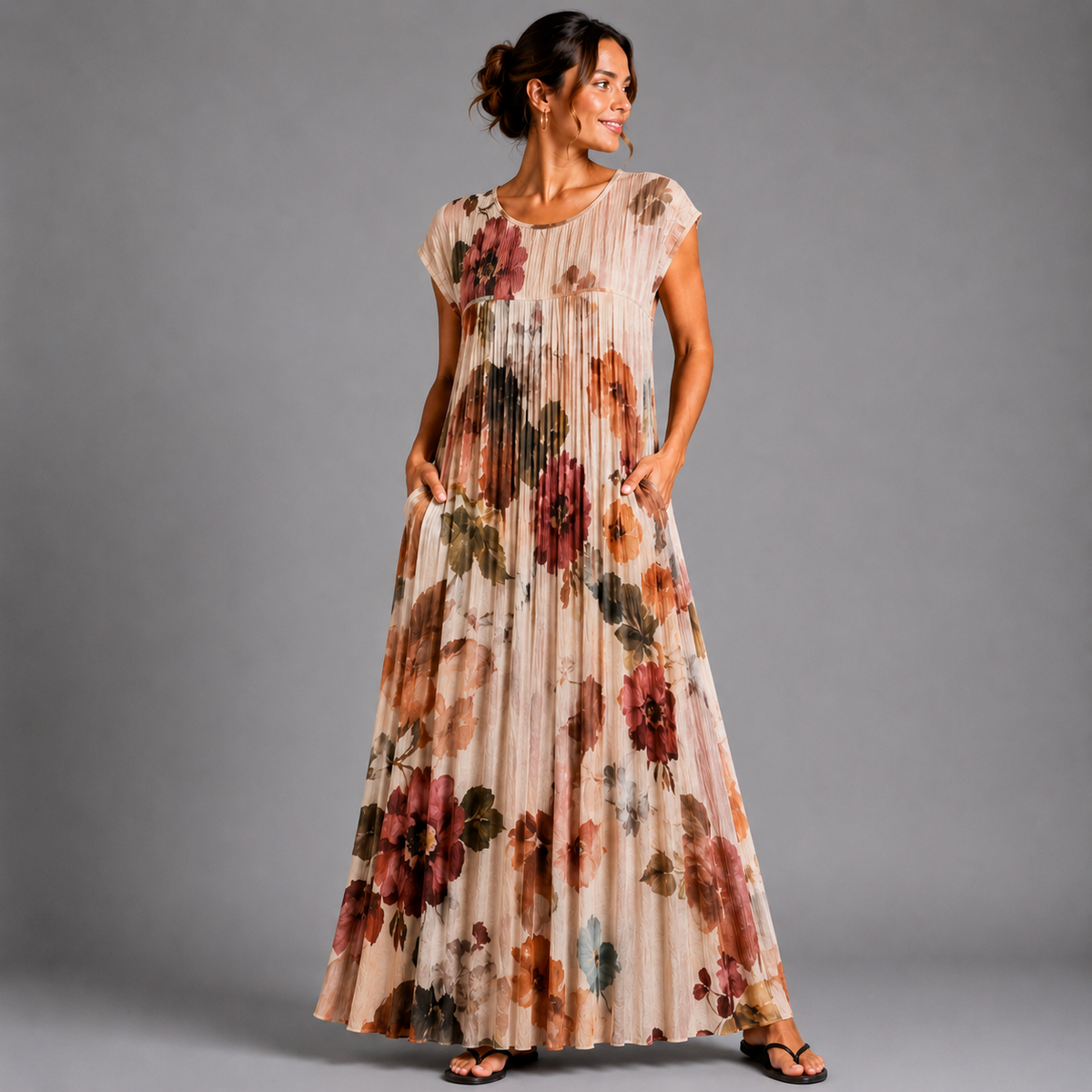 Pleated Floral Print Maxi Dress with Pockets