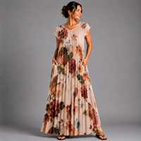 Pleated Floral Print Maxi Dress with Pockets