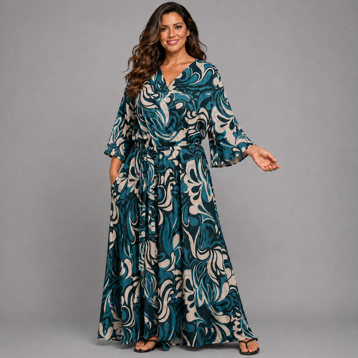 Abstract Mock Wrap Maxi Dress with Bell Sleeves
