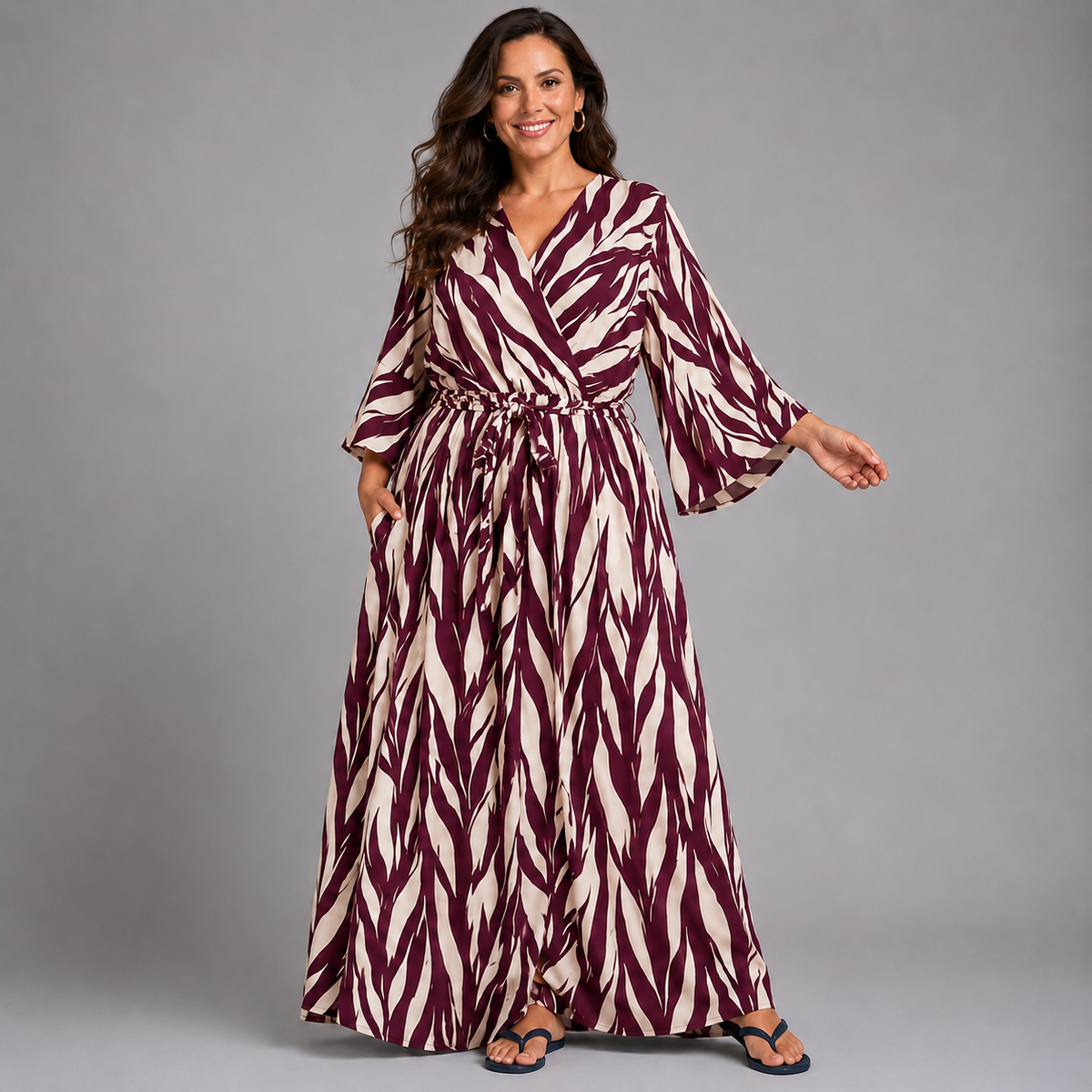 Striped Mock Wrap Maxi Dress with Bell Sleeves