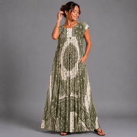 Pleated Tile Print Maxi Dress with Pockets