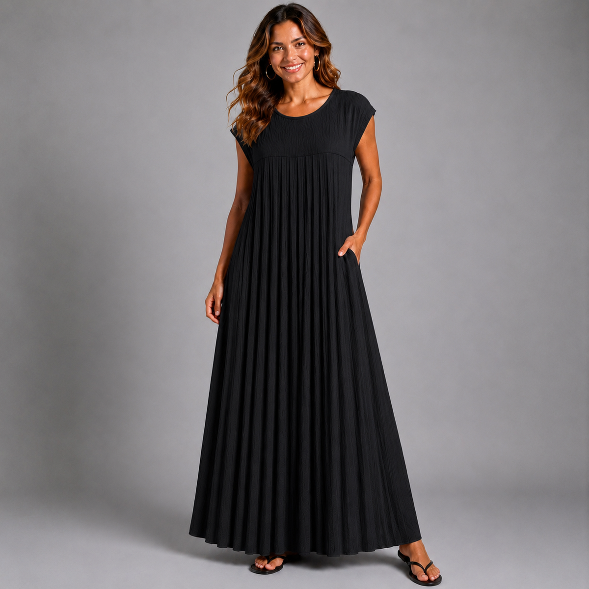 Pleated Cap Sleeve plain Maxi Dress