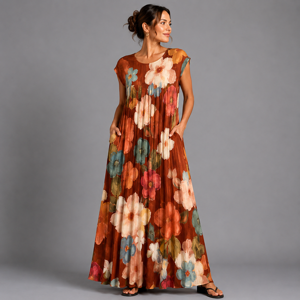 Pleated Floral Print Maxi Dress with Pockets