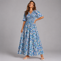 Bright Leopard Print V Neck Smocked Maxi dress