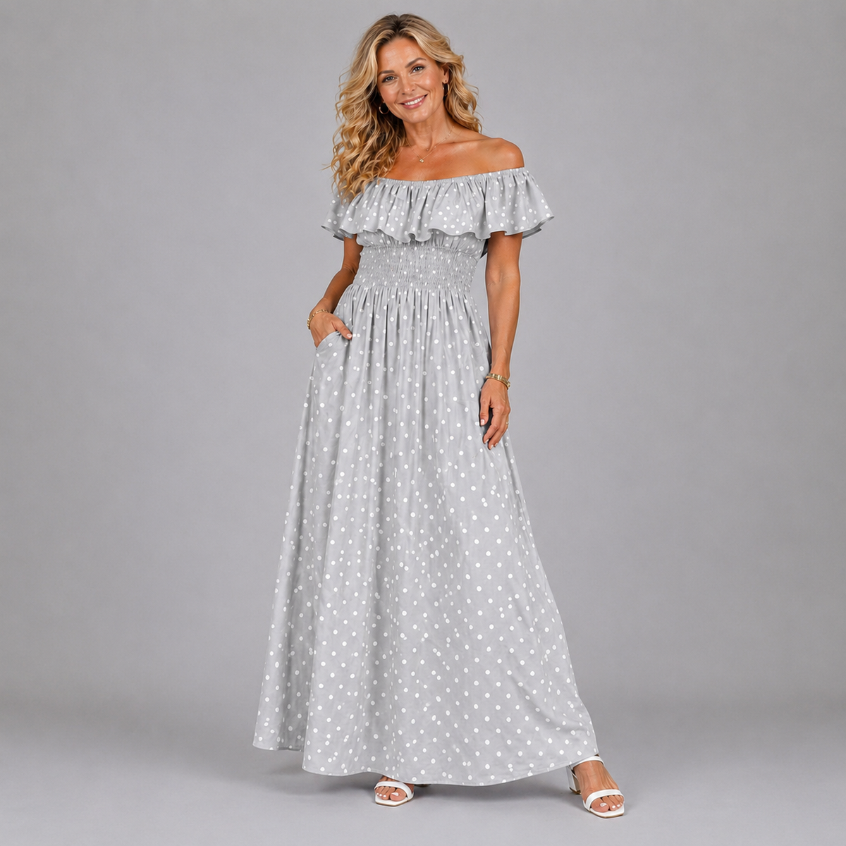 Polka dot frilled Bardot maxi dress