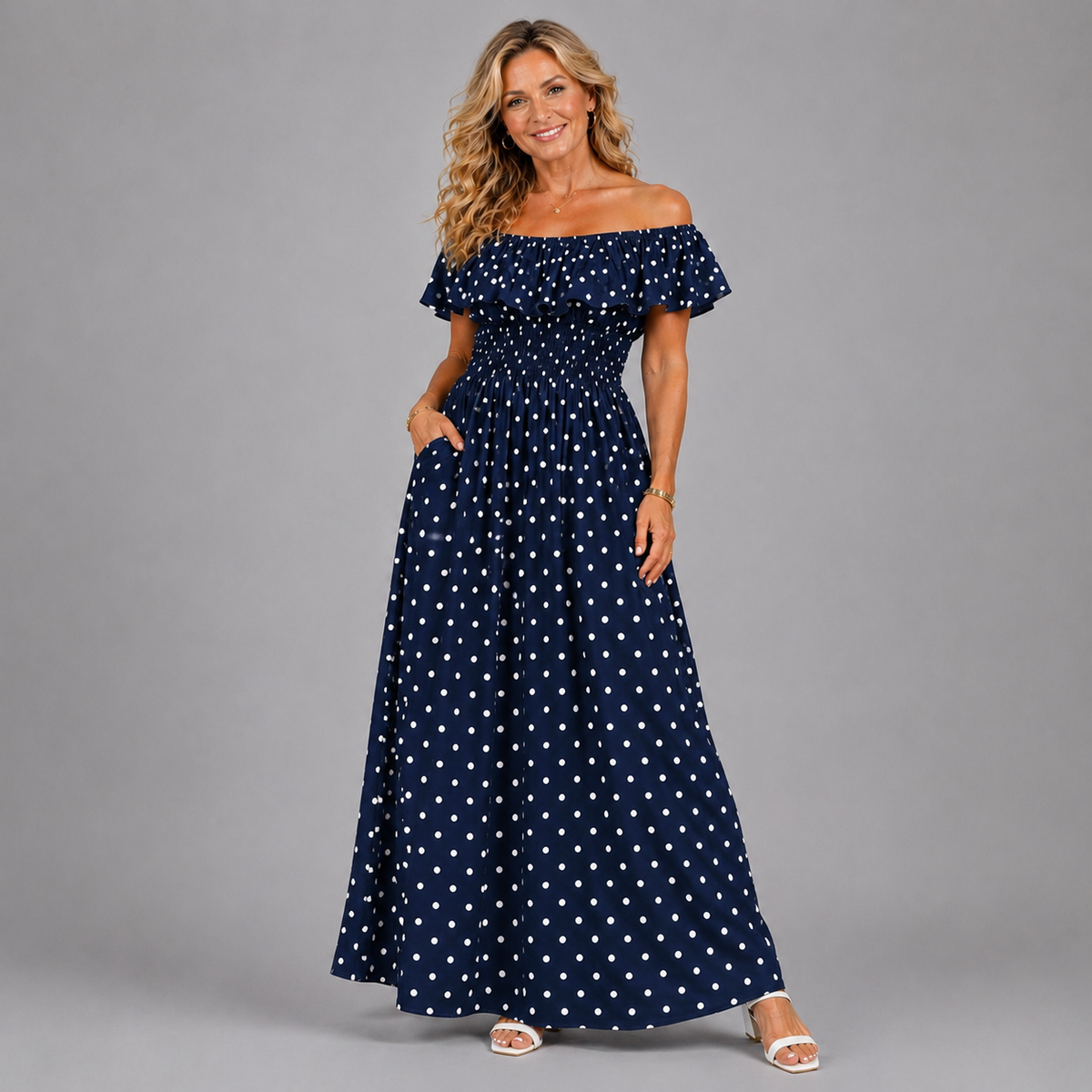 Polka dot frilled Bardot maxi dress