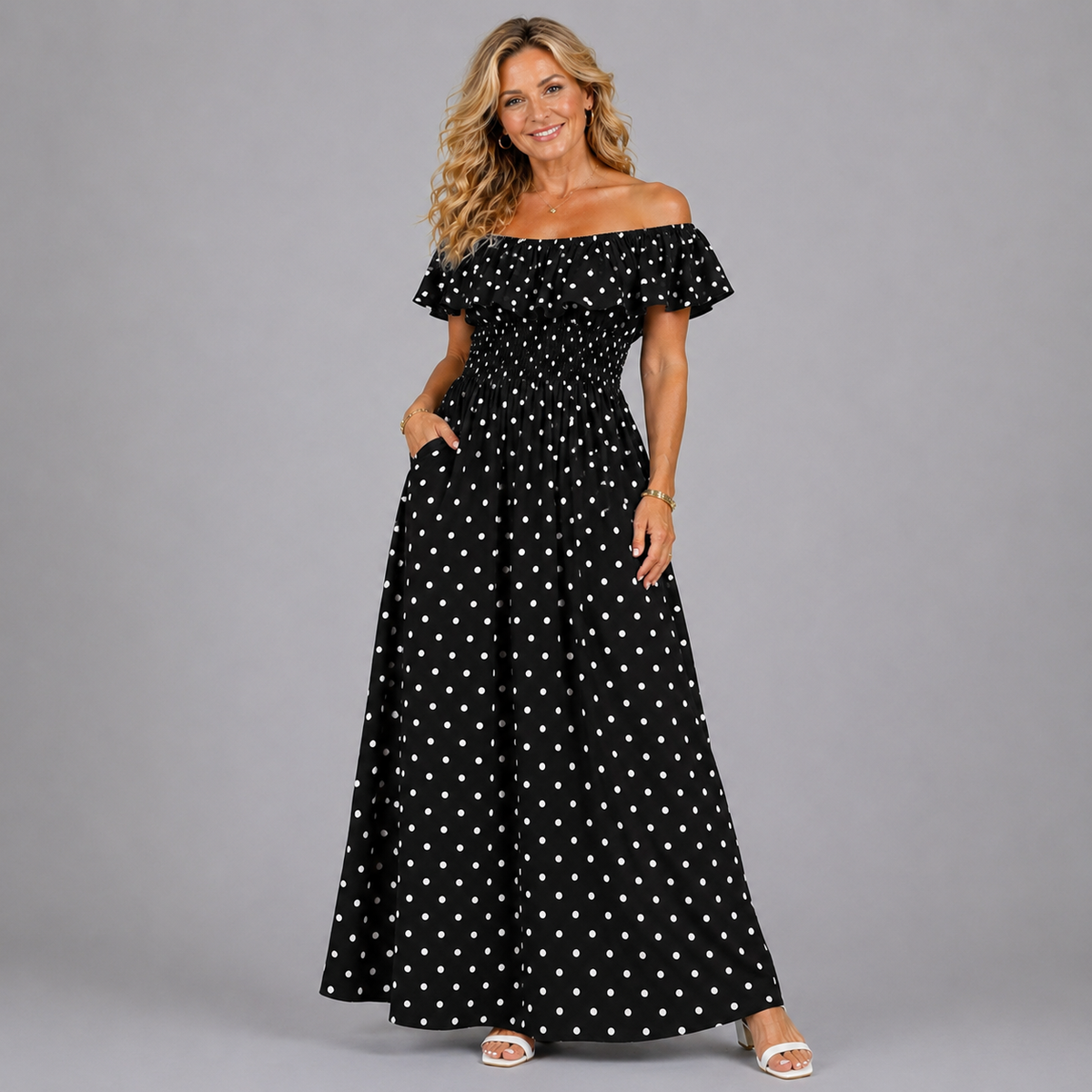 Polka dot frilled Bardot maxi dress
