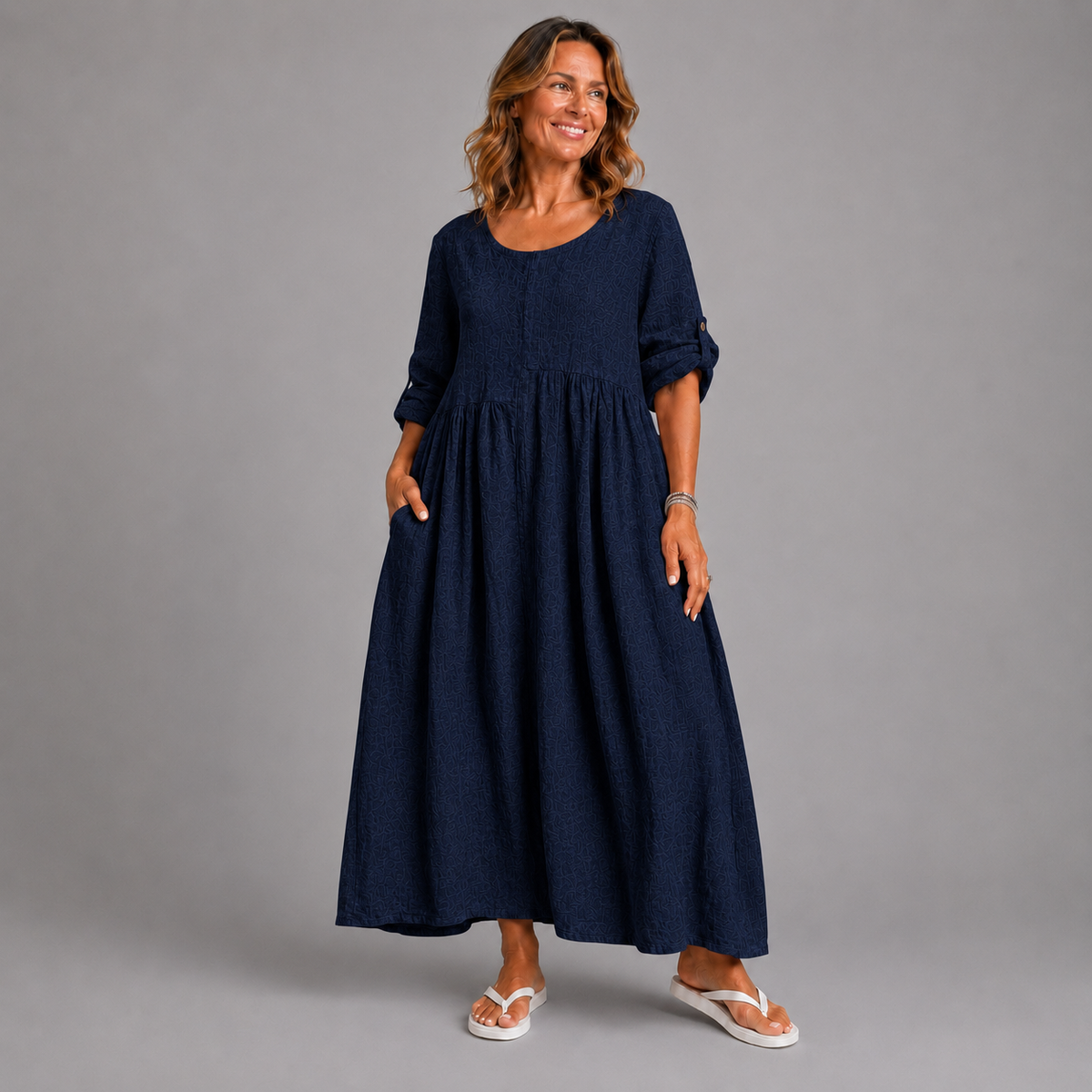 Button Sleeve 100% Linen Dress with Pockets