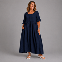 Button Sleeve 100% Linen Dress with Pockets