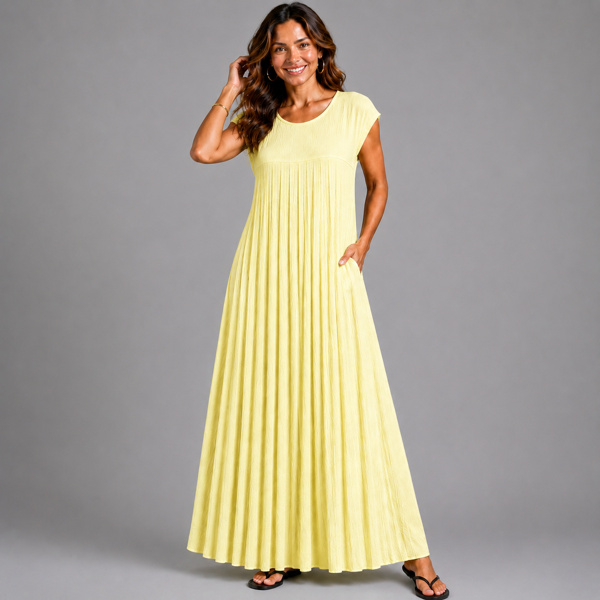 Pleated Cap Sleeve plain Maxi Dress