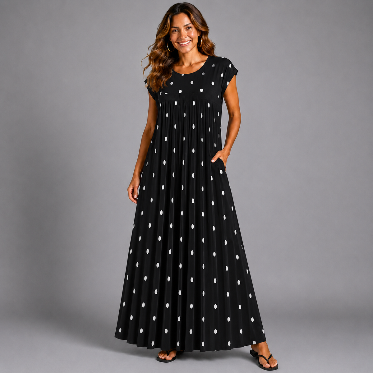 Pleated Bold Polka Dot Print Maxi Dress