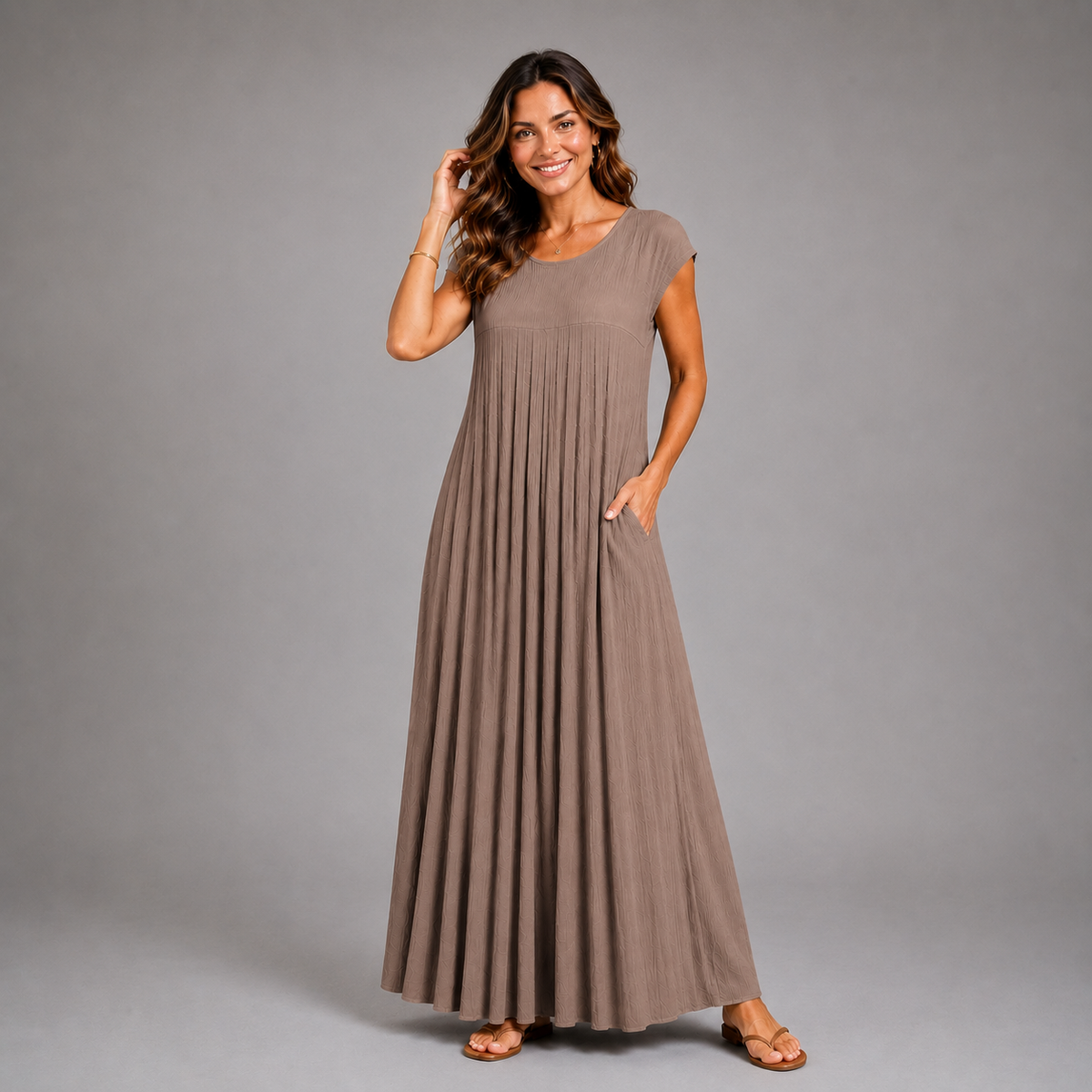 Pleated Cap Sleeve plain Maxi Dress
