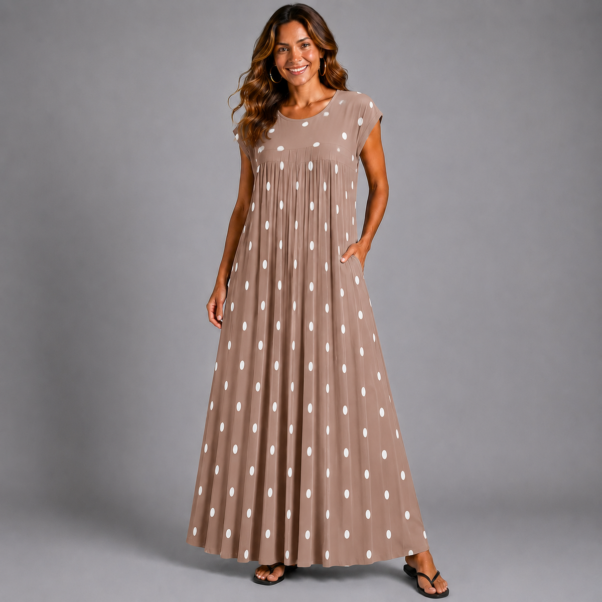 Pleated Bold Polka Dot Print Maxi Dress