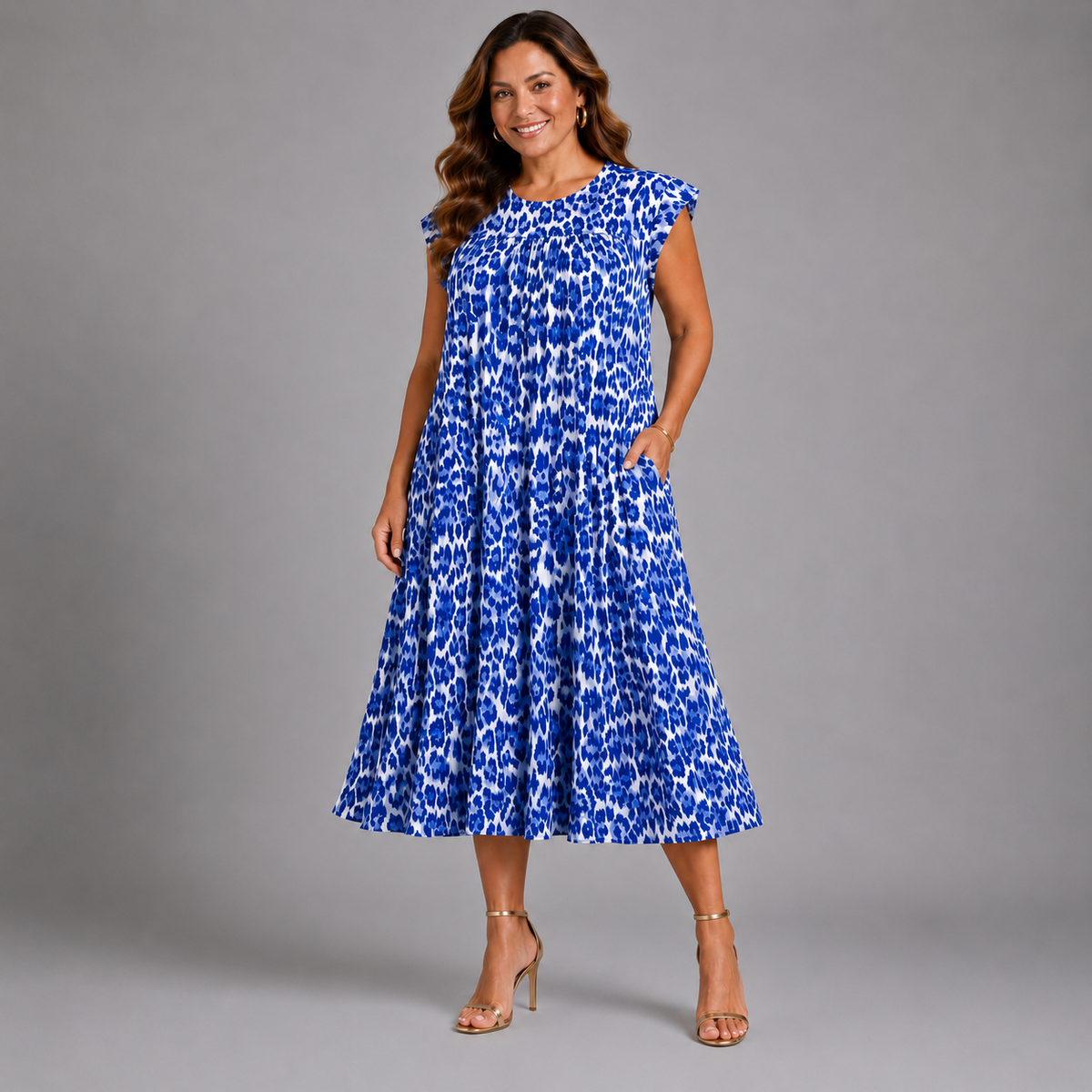 Pleated Leopard Print Midi Dress with Pockets