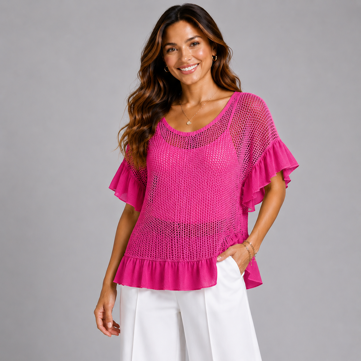Open Knit Frilled Hem Top