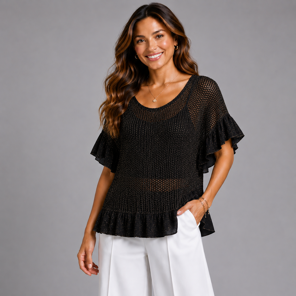 Open Knit Frilled Hem Top