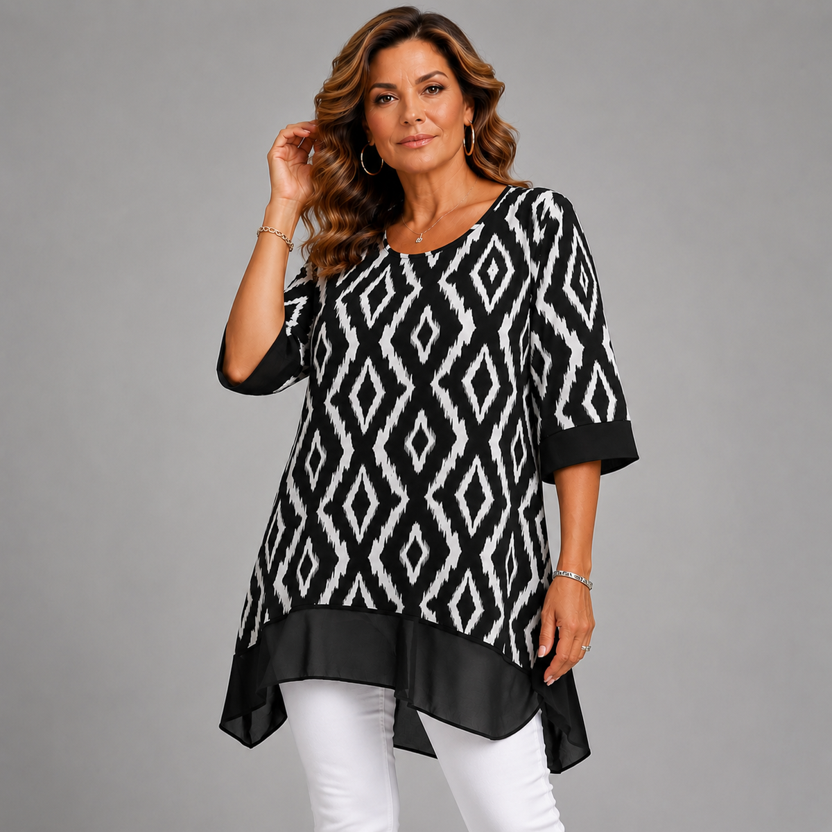 Black & White Diamond Print Blouse with Chiffon Hem